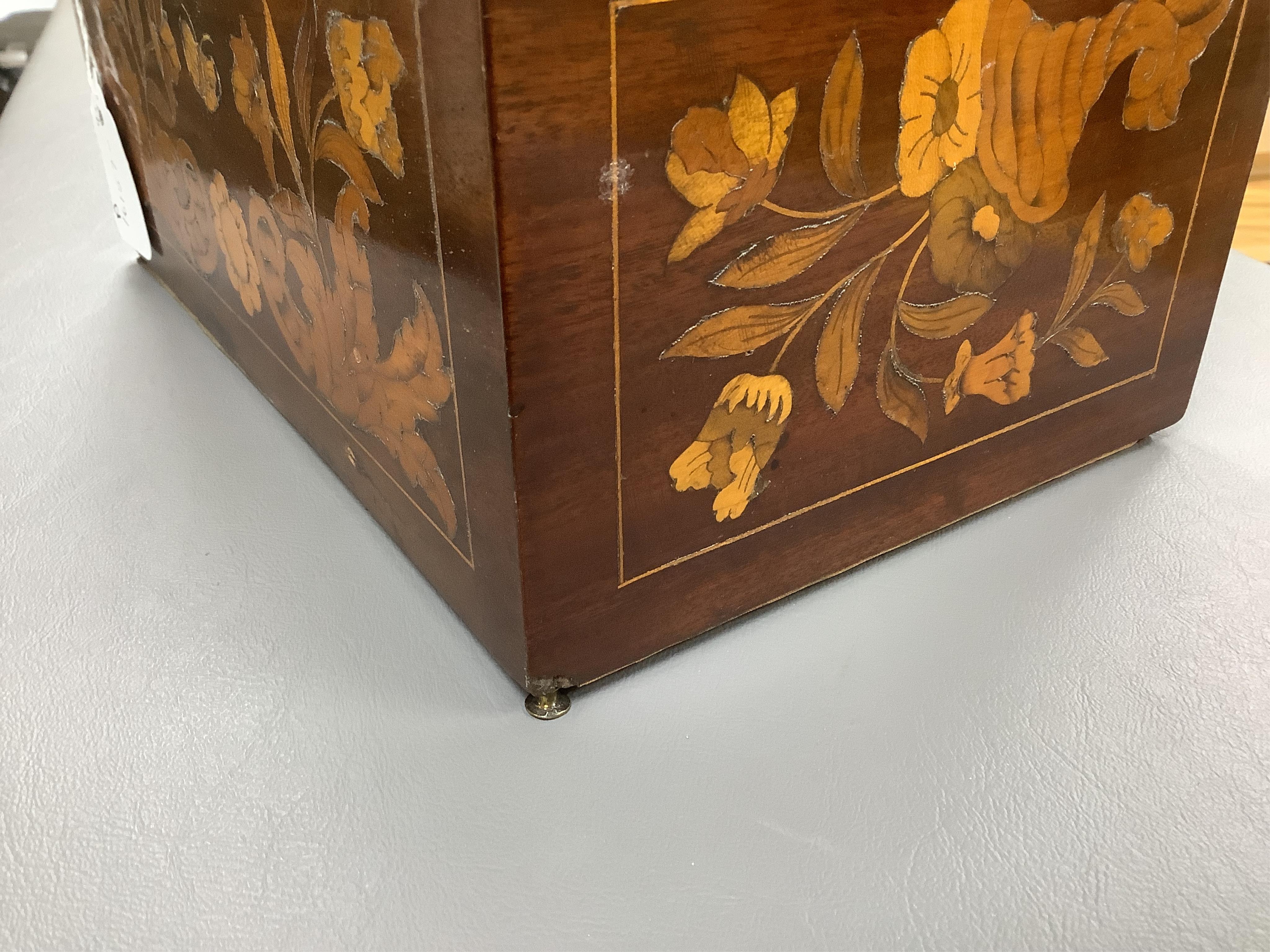 A 19th century Dutch, dome fronted, marquetry mahogany decanter box, velvet lined, 28cm wide